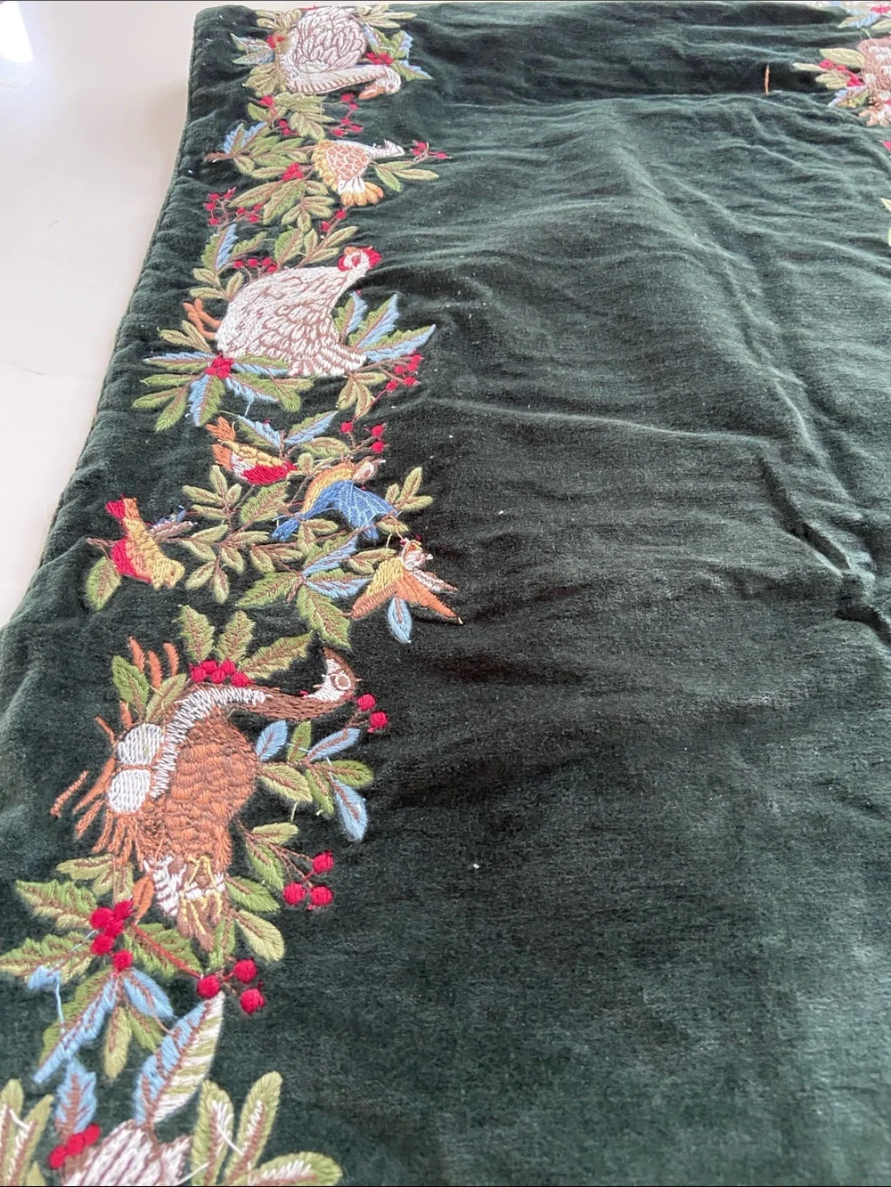 Embroidered Velvet Table Runner in Deep Forest Green.. pottery barn runner